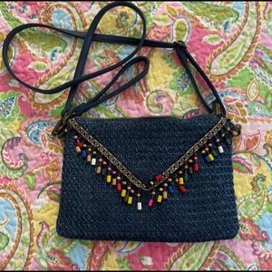 Navy Straw Handbag with Beaded Accents NWOT